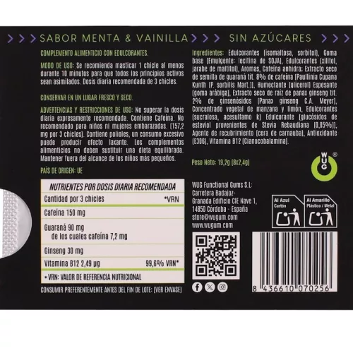 Wug On Energiatartalmú Rágógumi Koffeinnel és Guaranával 8 darab mentás-vanília ízű